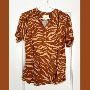 Anthropologie Maeve Orange Zebra Striped Henley Short Sleeve, Size S